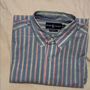 Ralph Lauren Men's Blue and Pink Striped Shirt